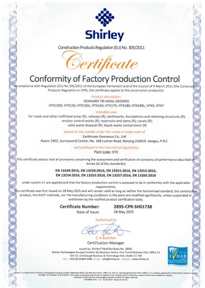 HEXAGRID Tri-axial Geogrid CE CPR Certificate| Shirley